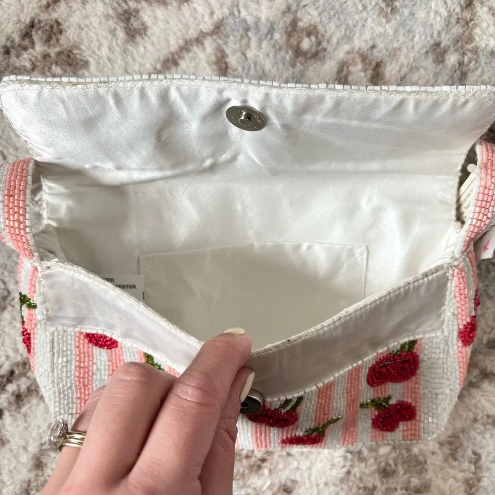 Cherry Beaded Shoulder Bag in Cream and Pink
